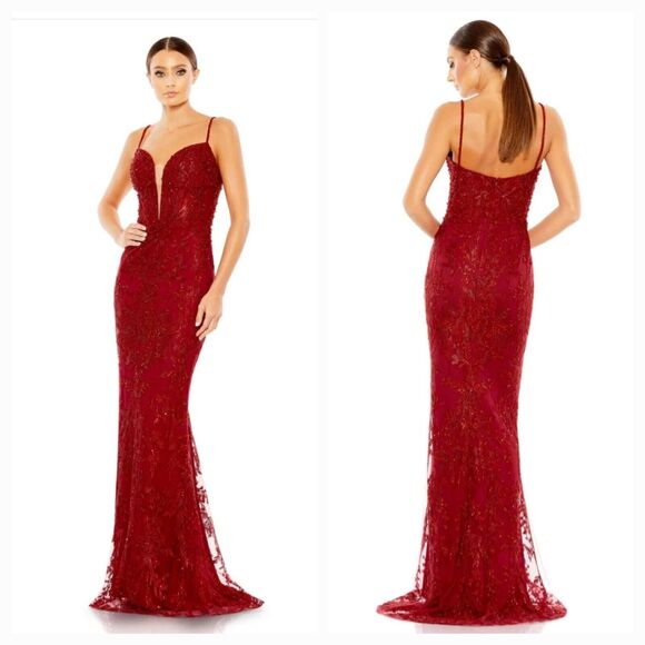 Mac Duggal Red Lace Prom Dress - Picture 1 of 14